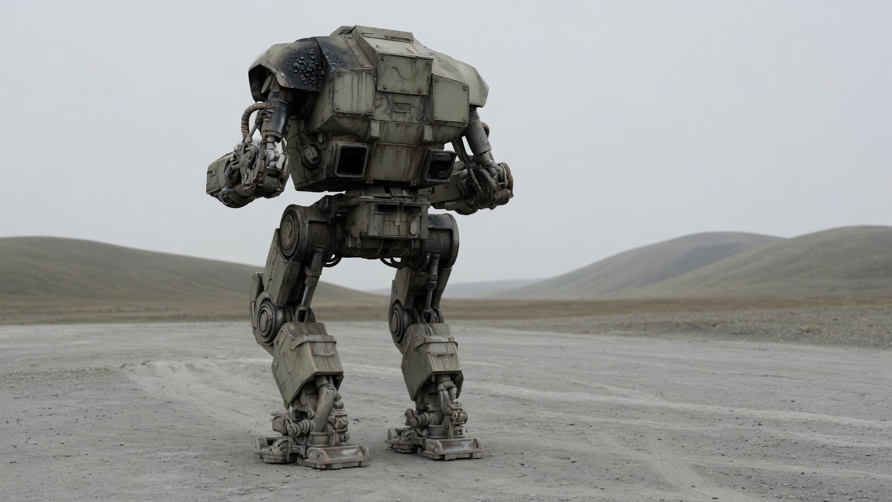 A weathered bipedal armoured walking machine standing at rest in an ash-grey basin under overcast sky, seen from behind.